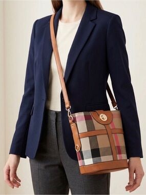 Plaid Brown Faux Leather-Trim Bucket Bag